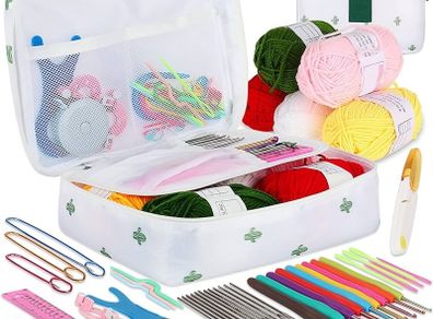 NEW SALE | Crochet Starter Kit for Beginners Adults, Includes Ergonomic Metal Crochet Hooks 0.6mm to 6mm, Accessories and Cactus Case, Knitting Set with Wool and Needles