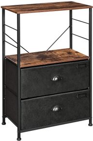 _Bedside Table, Nightstand with Shelves, Side Table with Drawers in Fabric, Wood Surface, Metal Frame, Industrial Style, Rustic Brown and Black
