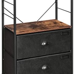 _Bedside Table, Nightstand with Shelves, Side Table with Drawers in Fabric, Wood Surface, Metal Frame, Industrial Style, Rustic Brown and Black