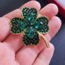 Lucky Clover Leaf Irish Brooch Green Shamrock Four Leaf Clover Crystal Pin Badge Image 2