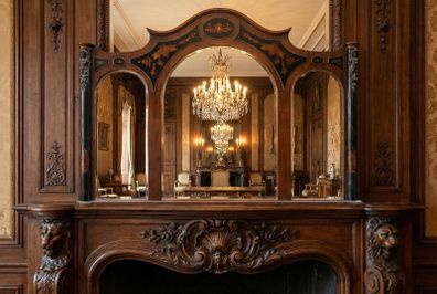 This is a massive old inlaid wooden framed triple arched mirror.