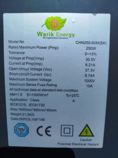 Solar PV Panels 5x 250W With inverter and isolator