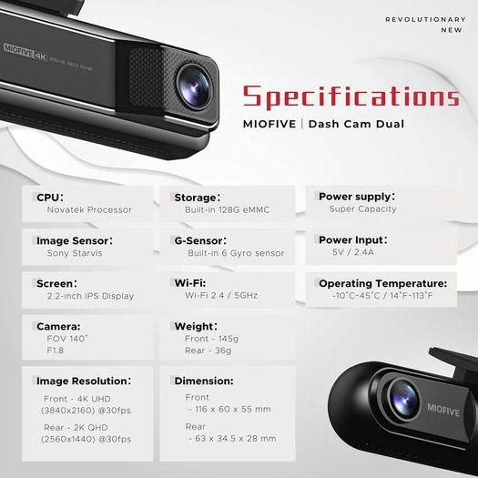 Miofive Dash Cam Front and Rear, 4K+2K Dual Dash Camera for Cars with 5G Wifi, GPS, 3840 UHD Recorder, Built-In 128G eMMC Storage, Night Vision, Motion Detection, G Sensor Powered by Super Capacitor