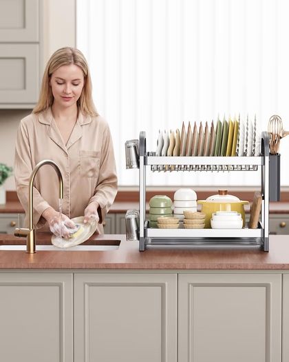 Brand New 2-Tier Dish Drainer with Utensil & Cup Holders Drip Tray