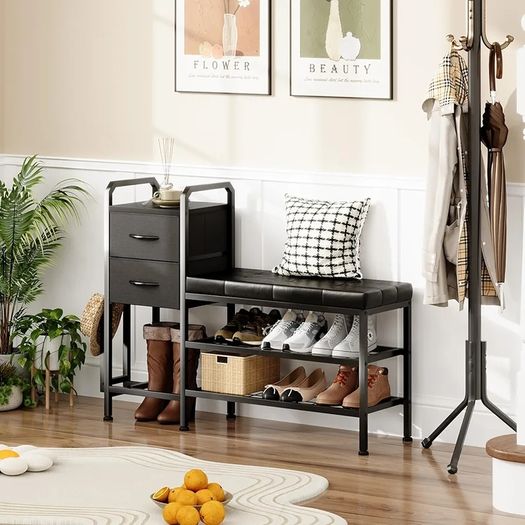 Shoe Bench with Cushion, Storage Bench with Padded Seat, 2 Drawer and Open Compartments, for Entryway, Hallway, Living Room, Black