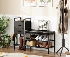 Shoe Bench with Cushion, Storage Bench with Padded Seat, 2 Drawer and Open Compartments, for Entryway, Hallway, Living Room, Black