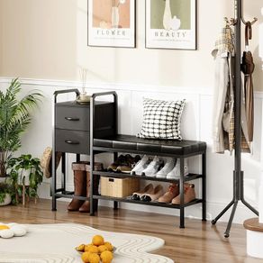 Shoe Bench with Cushion, Storage Bench with Padded Seat, 2 Drawer and Open Compartments, for Entryway, Hallway, Living Room, Black