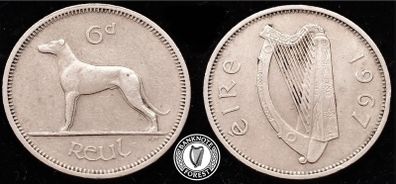 [#315] - Ireland 1967 | 6 Pence | Wolfhound | KM.13a