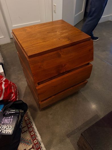 Hardwood bedside lockers, Ikea shelf and stool, Phil Kenyon putting mat