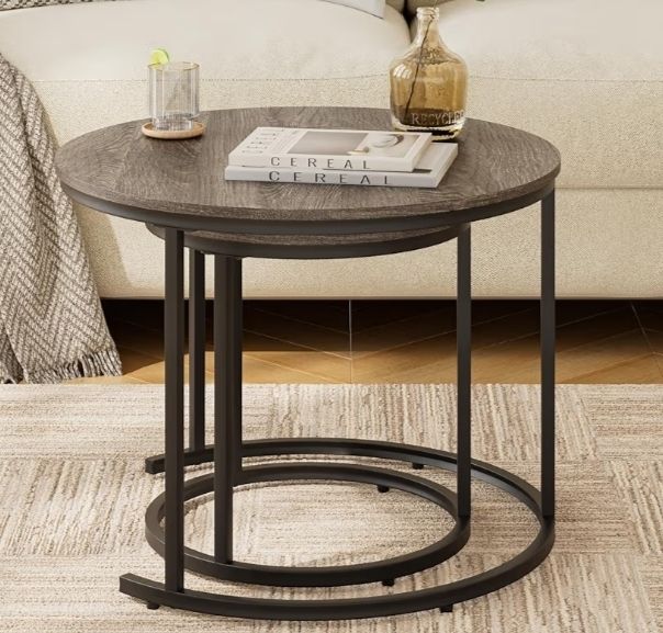 Removable Set of 2 End Table, Nesting Tables with Black Metal Frame Legs and Wooden Grey Top for Living Room, Bedroom, Office, Balcony, Apartment Grey