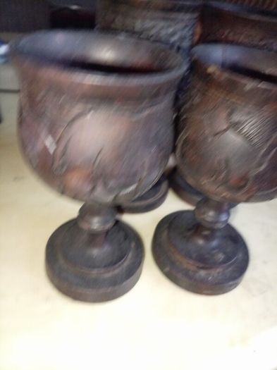 Set of 6 Hand-Carved African Wildlife Wooden Goblets  Vintage