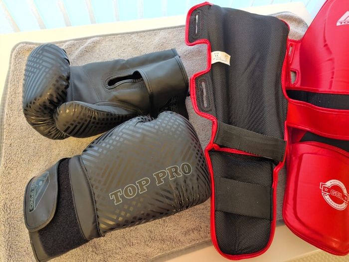 Combat Sports Training Set: 14 oz Boxing Gloves + Shin Guards (Size L/XL)