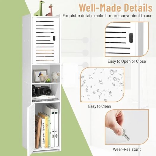 Tall Bathroom Storage Cabinet, Floor Free Standing Display Cabinet, Slim Storage Furniture Organizer Unit for Office Living Room Kitchen Entryway Toilet Paper, White