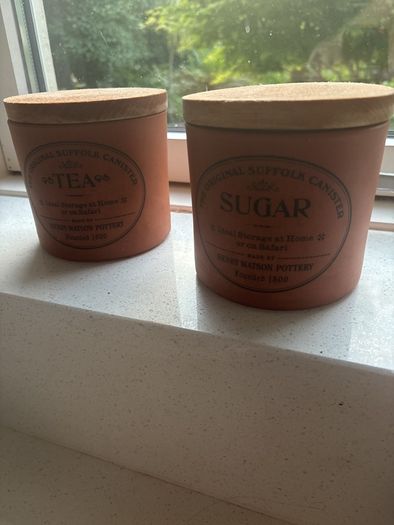 RESERVED- Vintage Henry Watson The Original Suffolk Canister Sugar and Tea Terracotta Storage Jars with wooden pull off lid