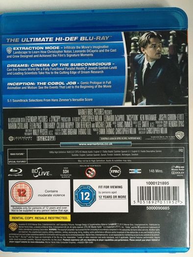 Inception (Christopher Nolan Film) [2010] Leonardo DiCaprio, Ken Watanabe, Joseph Gordon-Levitt, Marion Cotillard, Ellen Page, Tom Hardy, Cillian Murphy, Tom Berenger & Michael Caine [2xBlu-Ray Movie]