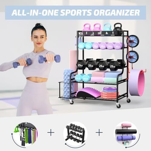 Home Gym Storage Rack for Dumbbells Kettlebells Foam Roller, Yoga Strap and Resistance Bands, Workout Equipment Storage Organizer With Hooks and Wheels