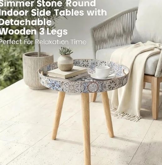 Stone Marble Round Indoor Side Tables with Detachable Wooden 3 Legs, Versatile Tray Table, Perfect For Round Coffee Table Tea, and Relaxation Time 15 Inch Bohemian