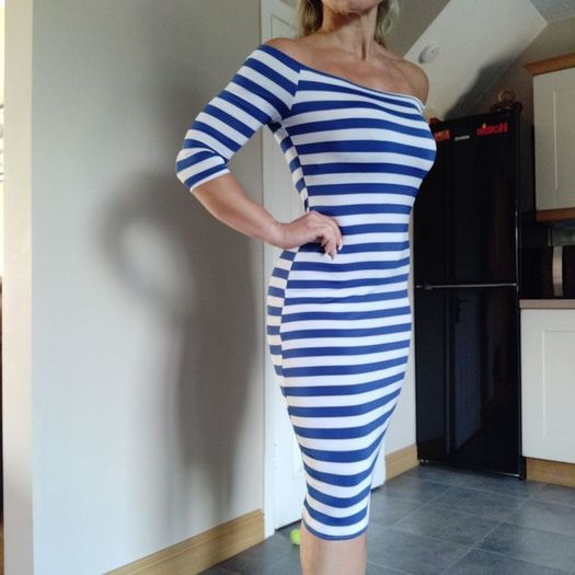White Blue Striped open shoulder bodycon dress, size S
