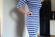 White Blue Striped open shoulder bodycon dress, size S