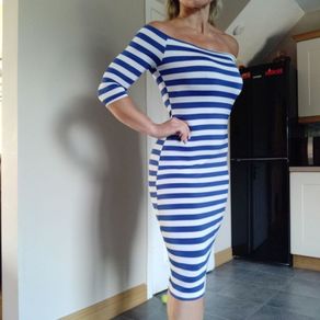 White Blue Striped open shoulder bodycon dress, size S