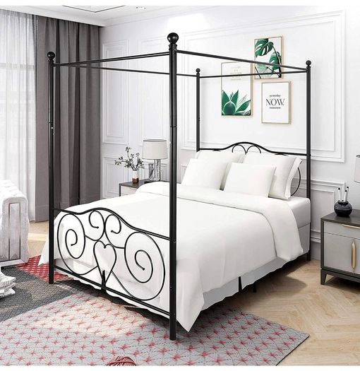 Double Canopy Bed Frame with Vintage Headboard & Footboard, Black 135x190cm Double Canopy Bed Frame, 4ft6 Heavy Duty Metal Bed, Heart Scroll Headboard & Footboard, Steel Slats for Bedrooms