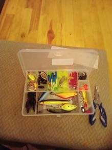 fishing, box full lures, hooks+ pliers