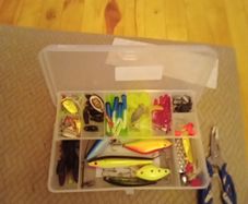 fishing, box full lures, hooks