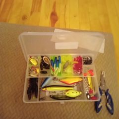 fishing, box full lures, hooks+ pliers