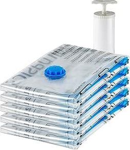 Vacuum Compression Zipper Storage Bags with Airtight Valve and Hand Pump, Large, 5-Pack, Clear
