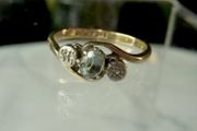 9ct Gold Aquamarine and Diamond Trilogy Ring, Platinum setting, Size K.5, 1.69g