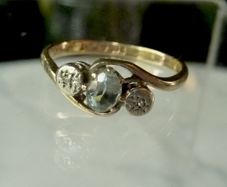 9ct Gold Aquamarine and Diamond Trilogy Ring, Platinum setting, Size K.5, 1.69g