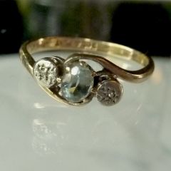 9ct Gold Aquamarine and Diamond Trilogy Ring, Platinum setting, Size K.5, 1.69g