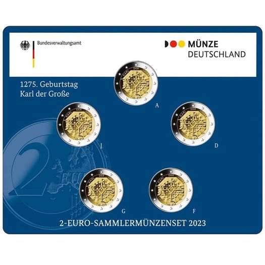 Germany 2 Euro Commemorative Coin 2023 - Charles the Great. All Mints. 5 coins. BU.