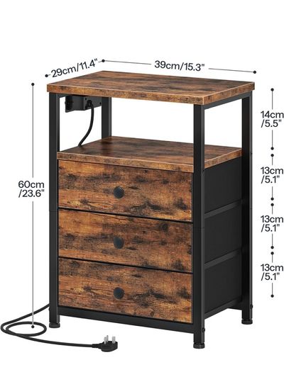 Bedside Table with Charging Station, End Table with 3 Fabric Drawers, Sofa Side Table with USB Ports and Socket, Nightstand for Bedroom, Living Room, Rustic Brown and Black