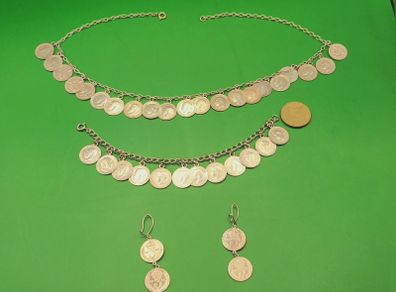 Antique silver three pence necklace, bracelet, earrings, free reg post, D18