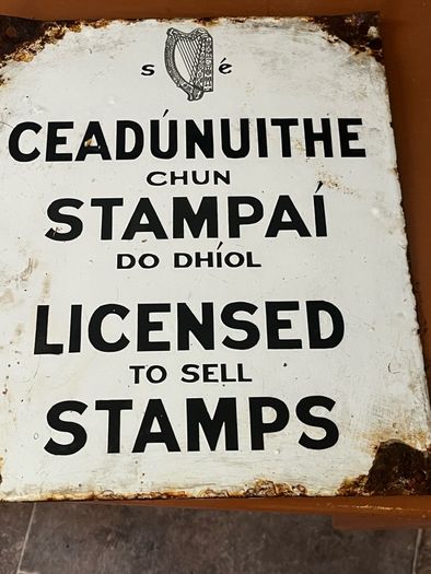 Original Enamel signs license to sell stamps. Collection times and days
