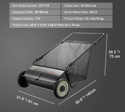 Push Lawn Sweeper, 26-inch Leaf & Grass Collector, Strong Rubber Wheels & Heavy Duty Thickened Steel, Durable to Use with Large Capacity 7 cu. ft. Mesh Collection Hopper Bag