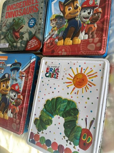 Four Tins Paw Patrol (Logo) Eric Carle caterpillar/ & Dinosaur tin