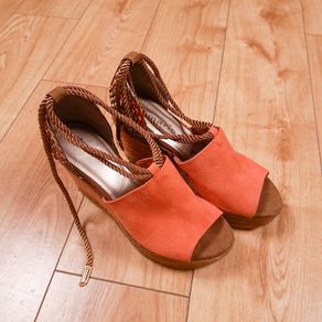 Tamaris Orange Rust Suede Rope Tie Up Platform Wedge Sandals 4UK/37EU