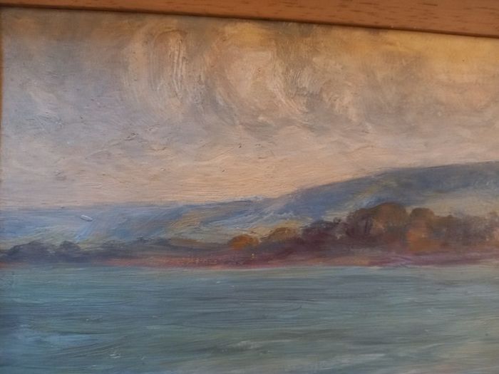 Coastal scene, original on board, Paris stamp.