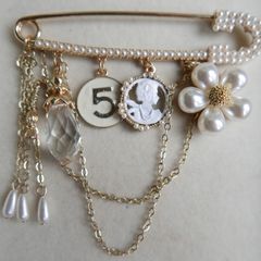 Vintage Luxury Camellia Flower Tassel Brooch with Rhinestones & Faux Pearls
