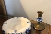 Blue/ white china dish and candle holder