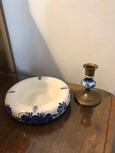 Blue/ white china dish and candle holder