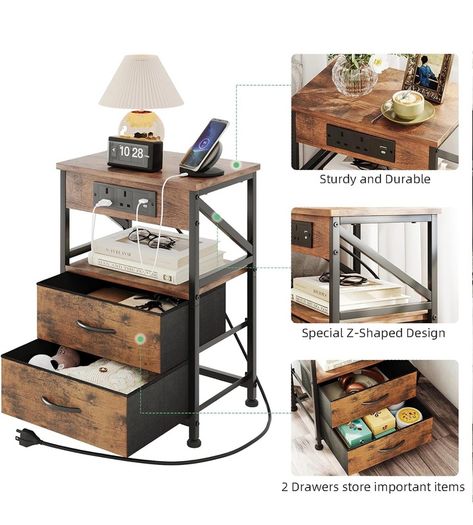 2 PCS Bedside Table with Power Strip, Bedside Cabinet with 2 Drawers, Bed Side Table for Bedroom, Night Stand, 2 AC Outlets, & 2 USB Ports, Side Table with Metal Frame, Rustic Brown