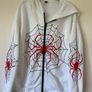 Spider Web Printed Hoodie With Drop Shoulder Design,  White and Red Image 6