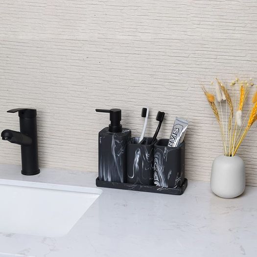 Bathroom Accessory Sets - Marble Design 4 Piece Bathroom Accessories Complete Set - Soap Dispenser, Toothbrush Holder, Bathroom Tray, Bathroom Tumbler - Vanity Countertop Organizer, Black