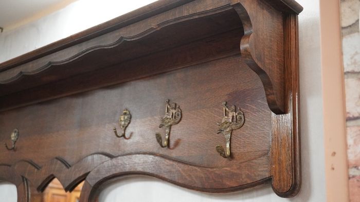 Antique French Oak Wall Coat Rack with Mirror