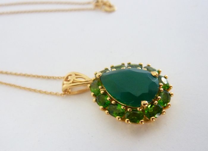 Sterling silver, 14k gold plated, green onyx & diopside pendant & necklace