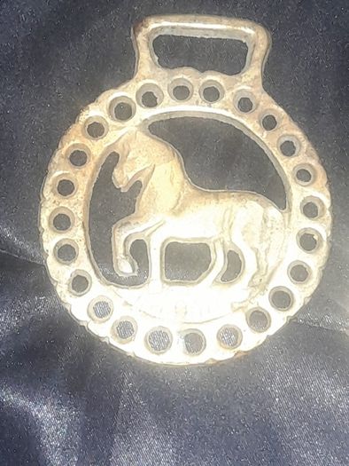 2 Old Brass Horse Tackle Emblems and an Old Hand Carved Man