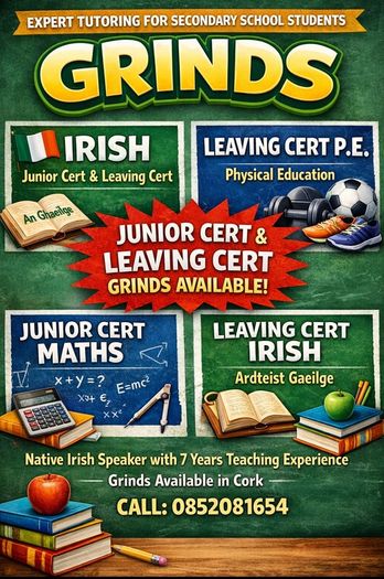 Junior Cert Maths, Junior and Leaving Cert Irish and Leaving Cert PE Grinds